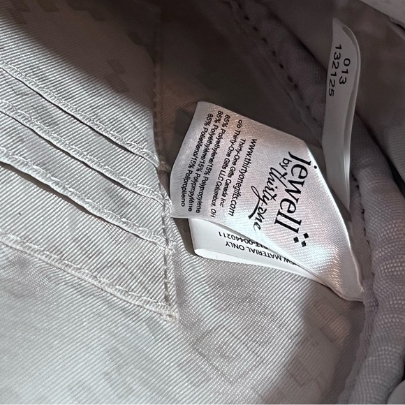 Thirty One Jewell Round Canteen Style Crossbody Purse Tan Navy Striped Straw NWT - Picture 3 of 16